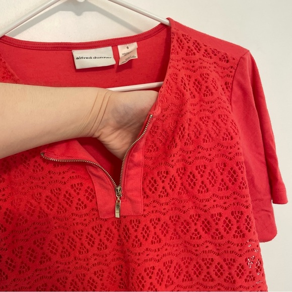 ALFRED DUNNER Coral Red Crochet Lace Overlay 1/4 Zip Zipper Short Sleeve Blouse - Picture 6 of 15